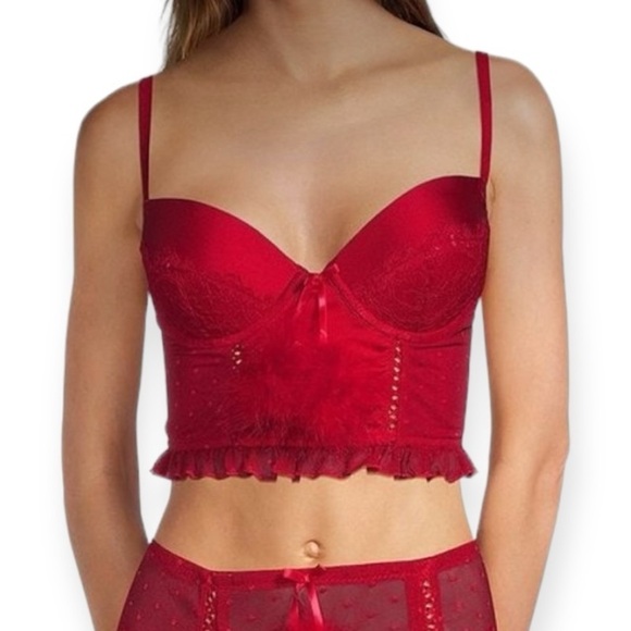 CINEMA ETOILE Seductive Wear Ruffle Hem Feather Bustier & Thong Set Red NEW - Picture 1 of 10